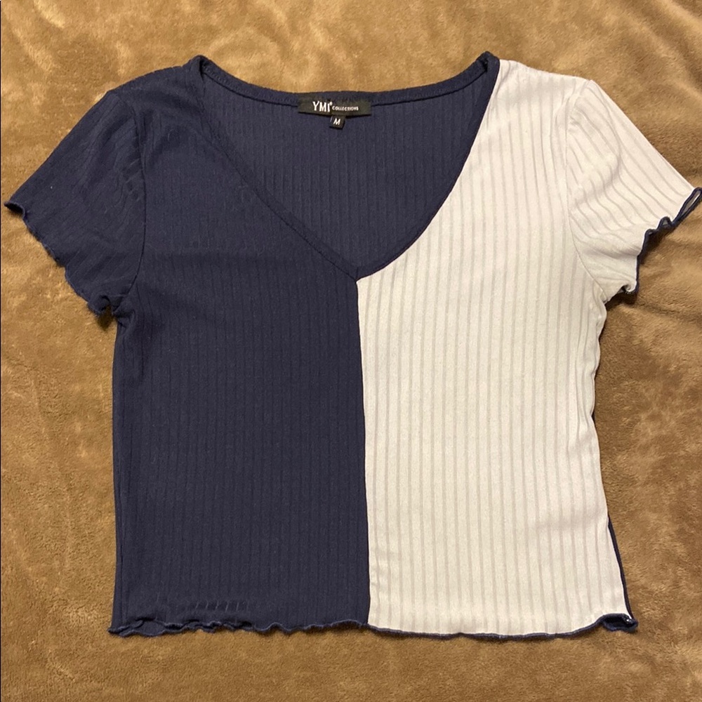 YMI Blue and White Asymmetrical Crop Top